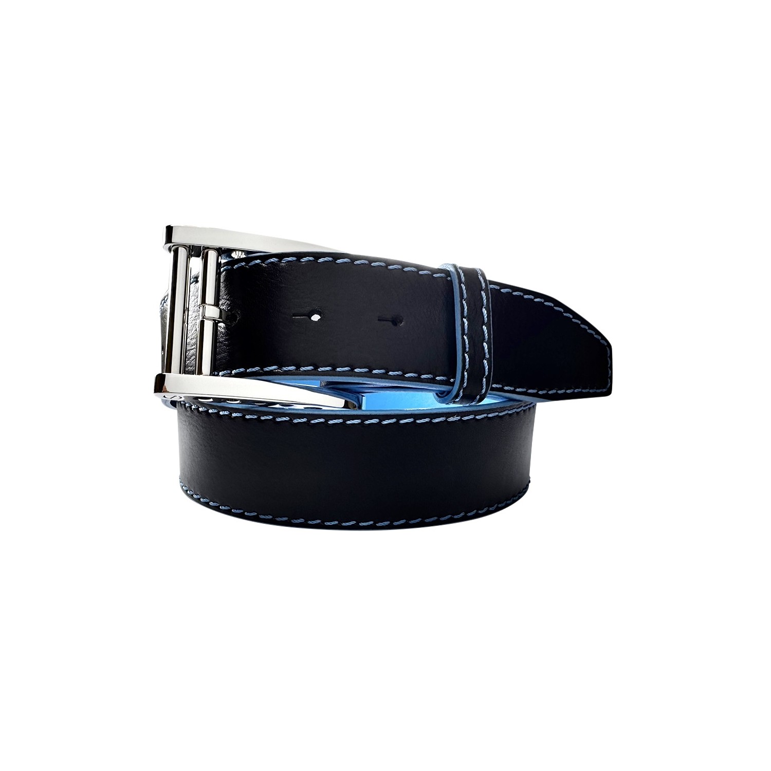 Ceinture Ninamarina Réversible - Signature Bleue - Cuir Veau Premium Accueil
