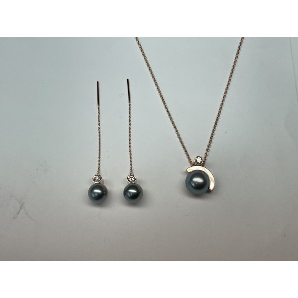 Boucle d'oreille et pendentif or rouge - diamants et perles fine de Tahiti Bijoux personnalisés