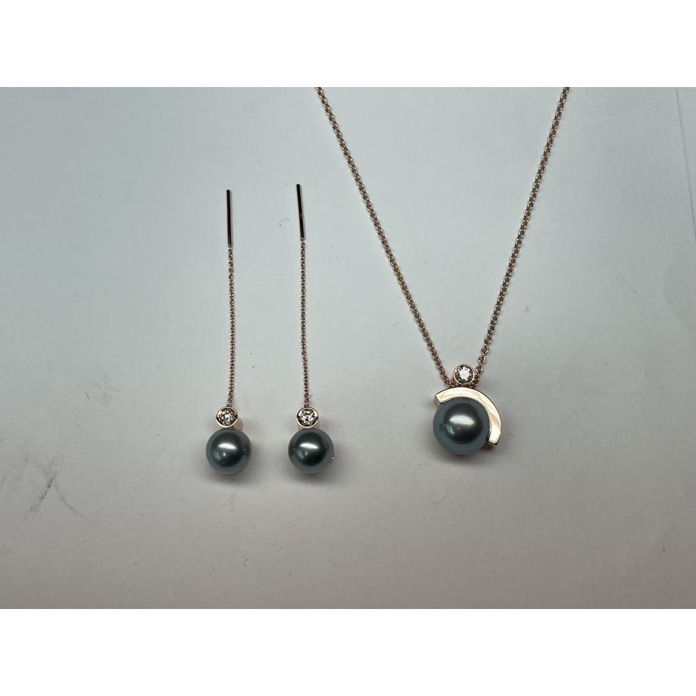 Boucle d'oreille et pendentif or rouge - diamants et perles fine de Tahiti Bijoux personnalisés