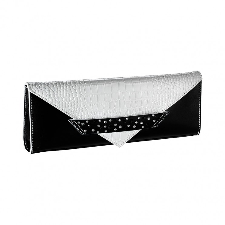 Pochette Enveloppe C6 "allongée" en cuir noir et blanc avec Swarovski
