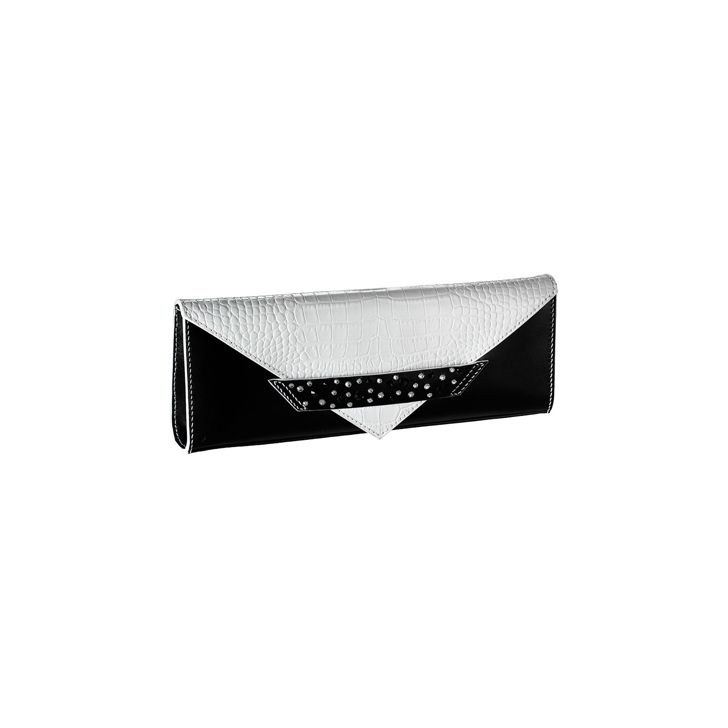 Pochette Enveloppe C6 Allongée Cuir Noir Blanc avec Swarovski Accueil