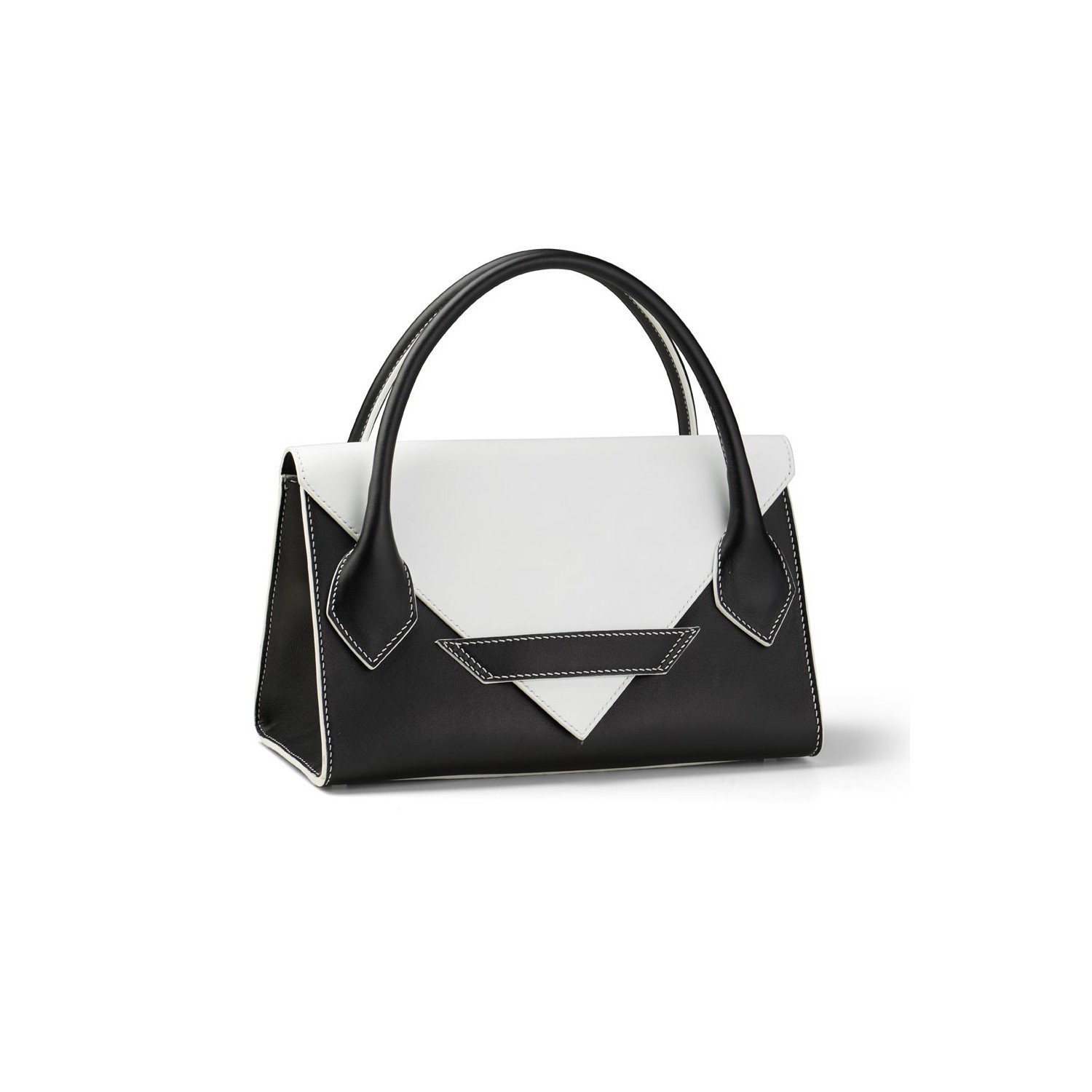 Sac à Main C5 Cuir Bi-Color Noir Coutures Blanches Accueil